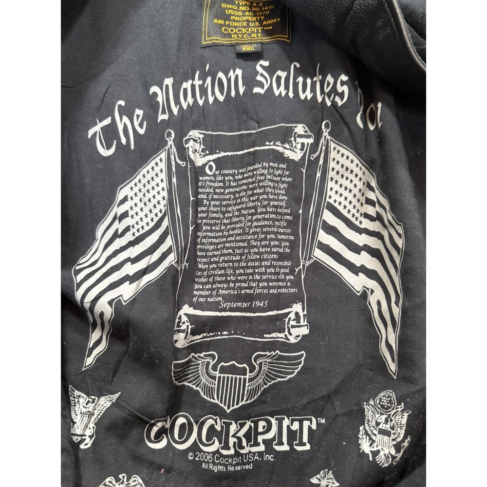 Cockpit USA A-2 Jacket Mens 2XL Black Bomber Leather Collar Patriotic Lining - Picture 11 of 12